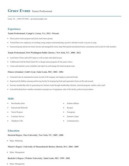 Tennis Professional Resume