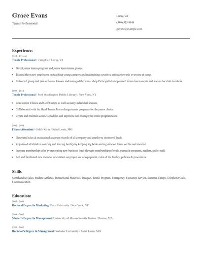 Tennis Professional Resume