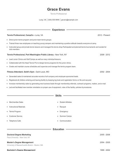 Tennis Professional Resume