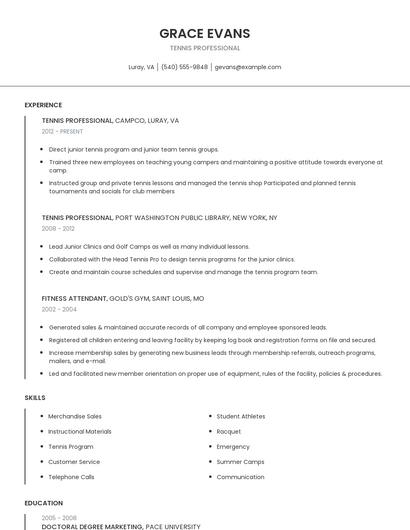 Tennis Professional Resume