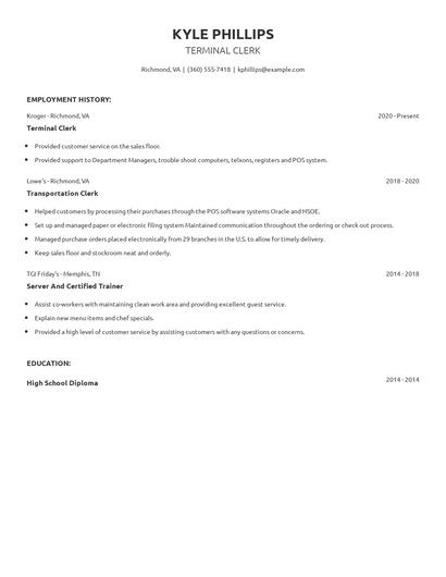 Terminal Clerk Resume