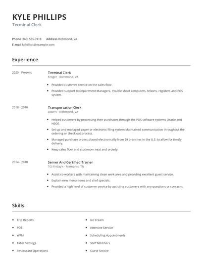 Terminal Clerk Resume