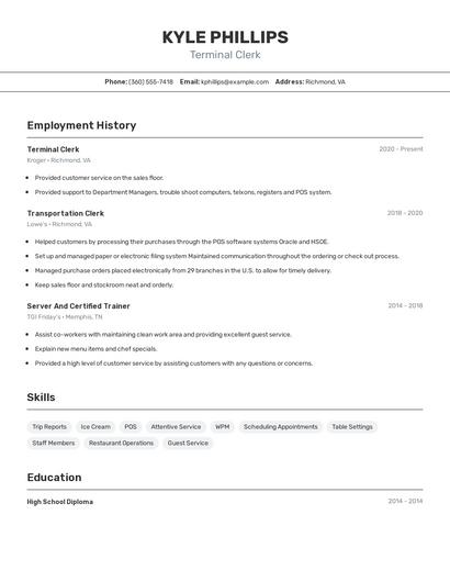 Terminal Clerk Resume