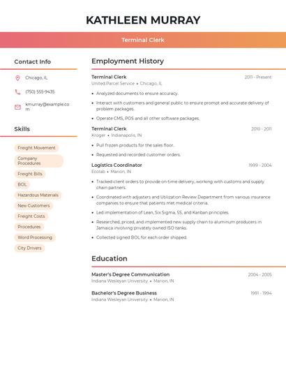 Terminal Clerk Resume