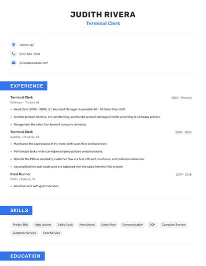 Terminal Clerk Resume