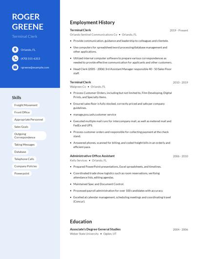 Terminal Clerk Resume