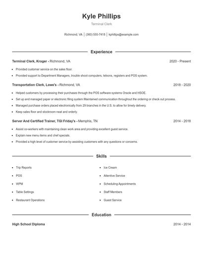 Terminal Clerk Resume