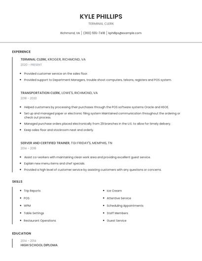 Terminal Clerk Resume