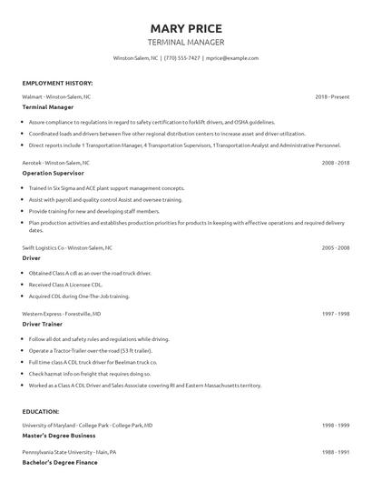 Terminal Manager Resume