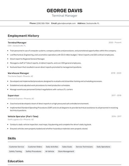 Terminal Manager Resume
