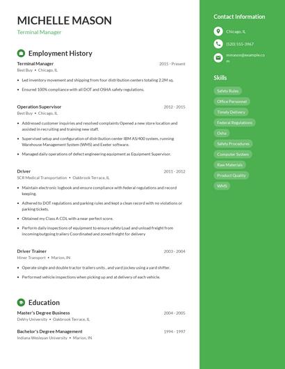 Terminal Manager Resume