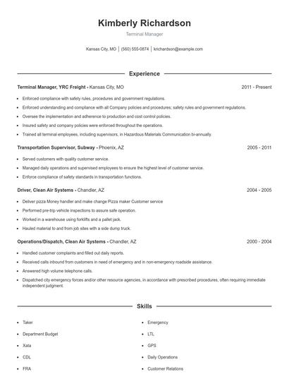 Terminal Manager Resume
