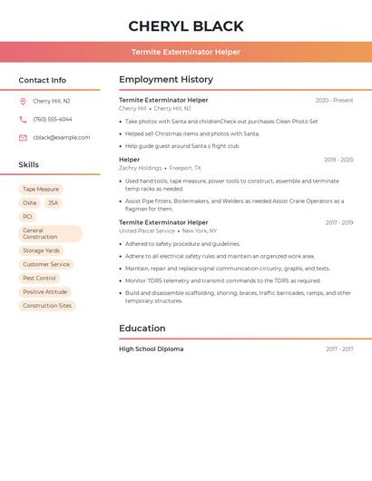 Termite Exterminator Helper Resume