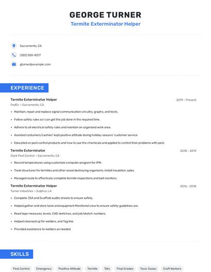 Termite Exterminator Helper Resume