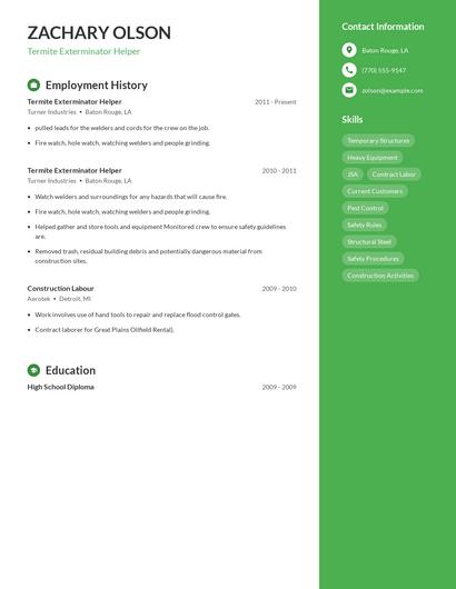 Termite Exterminator Helper Resume