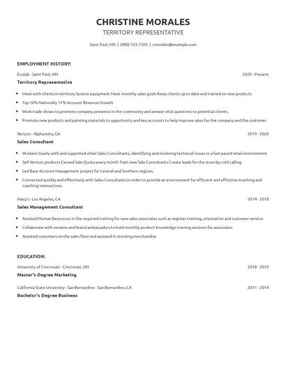 Territory Representative Resume