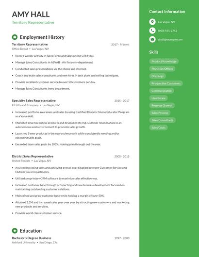 Territory Representative Resume