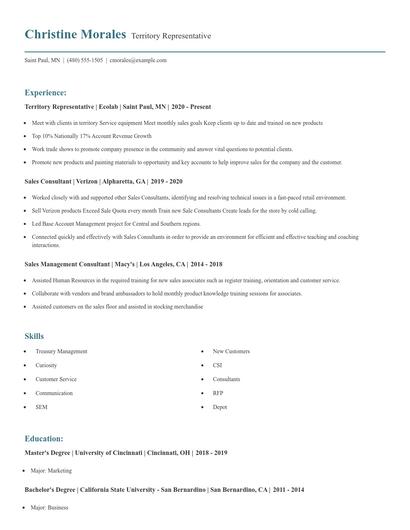 Territory Representative Resume