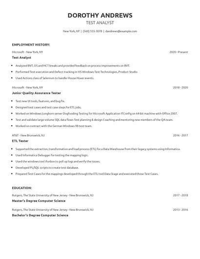 Test Analyst Resume