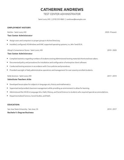 Test Center Administrator Resume