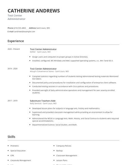 Test Center Administrator Resume
