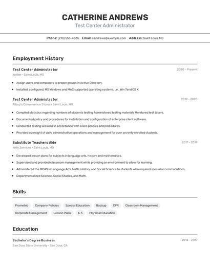 Test Center Administrator Resume
