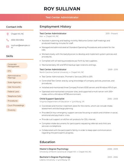 Test Center Administrator Resume