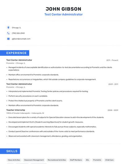 Test Center Administrator Resume