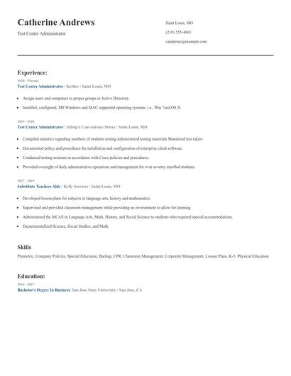 Test Center Administrator Resume