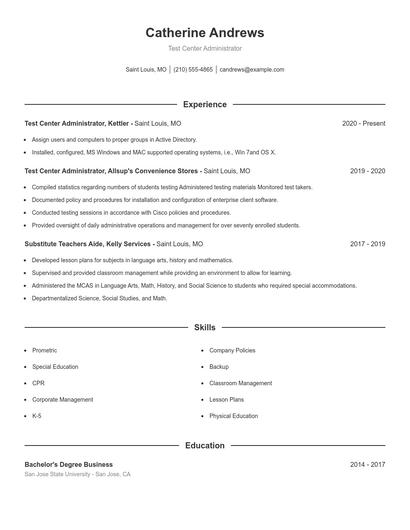 Test Center Administrator Resume