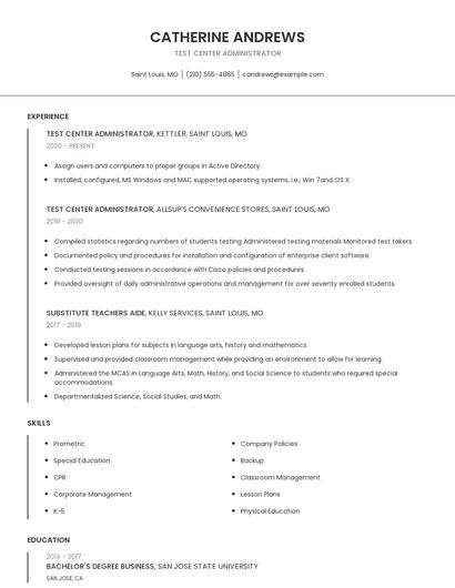 Test Center Administrator Resume