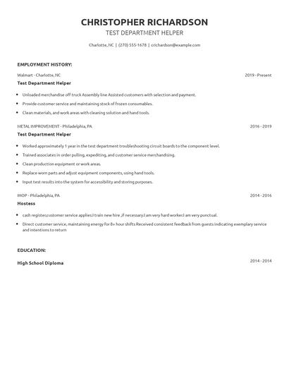 Test Department Helper Resume