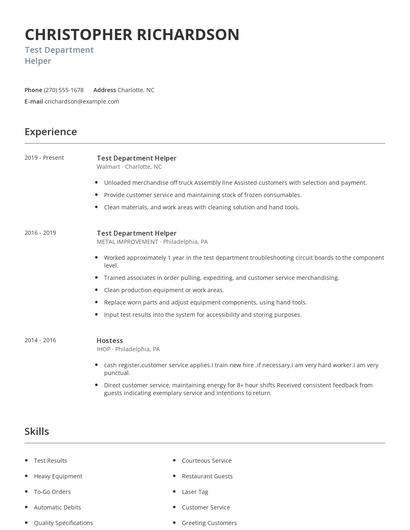 Test Department Helper Resume