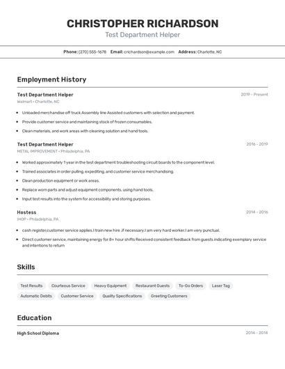 Test Department Helper Resume