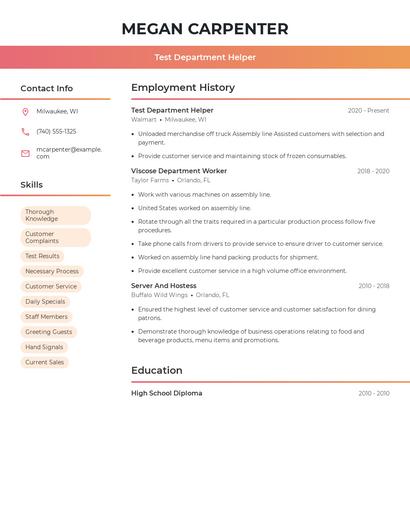 Test Department Helper Resume