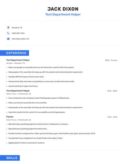 Test Department Helper Resume