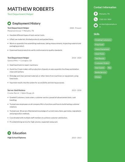 Test Department Helper Resume