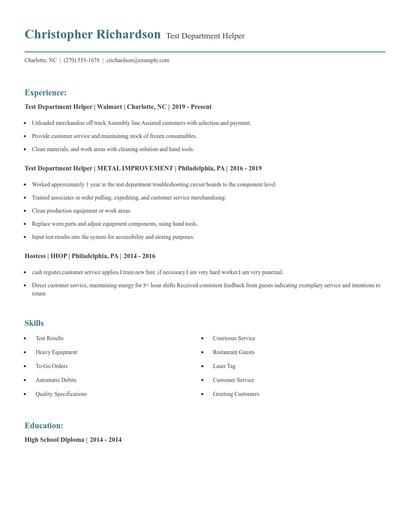 Test Department Helper Resume