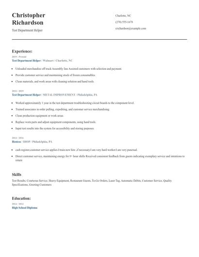 Test Department Helper Resume