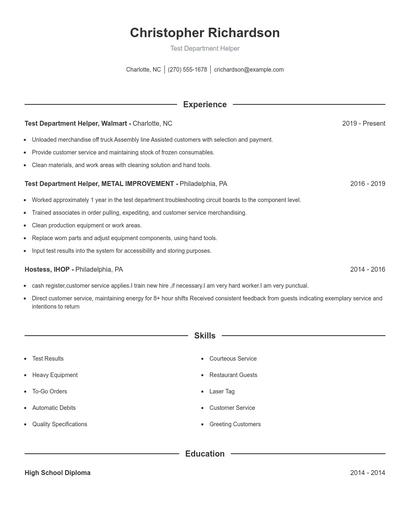 Test Department Helper Resume