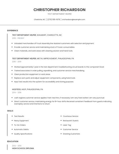 Test Department Helper Resume