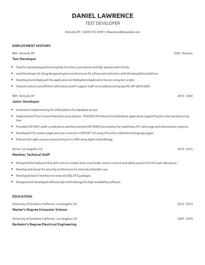 Test Developer Resume