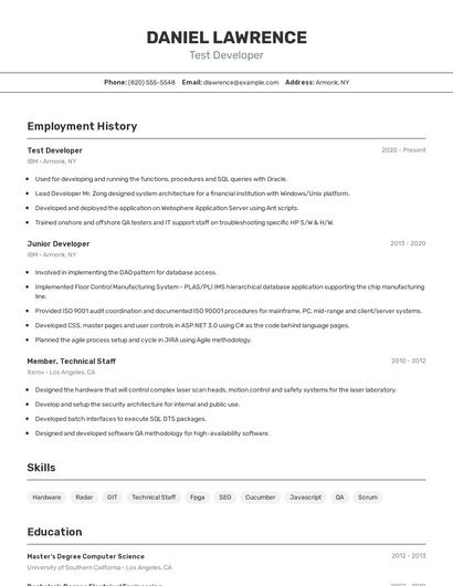 Test Developer Resume