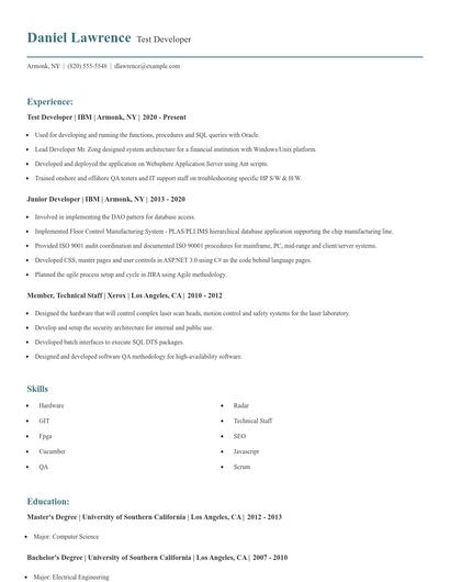 Test Developer Resume