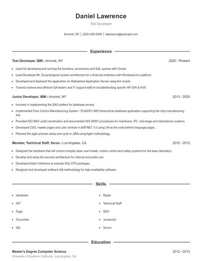 Test Developer Resume