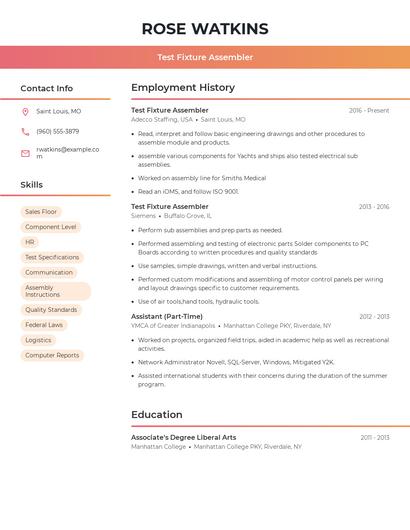 Test Fixture Assembler Resume