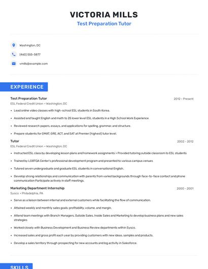 Test Preparation Tutor Resume