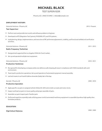 Test Supervisor Resume