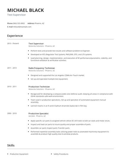 Test Supervisor Resume