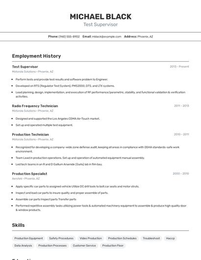 Test Supervisor Resume